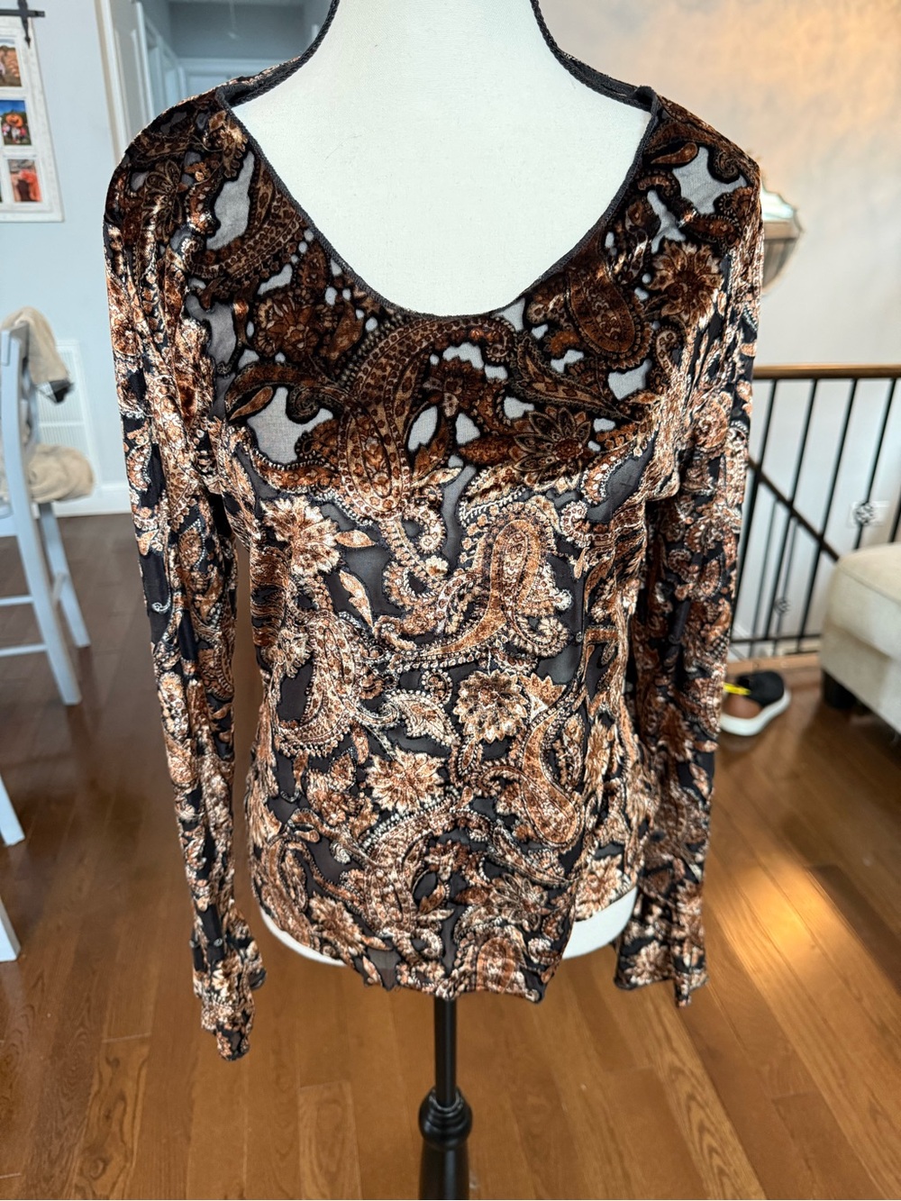 Vintage Rhonda Stark Brown and Sheer Black Burnout Velvet Top Size Xl more M/L